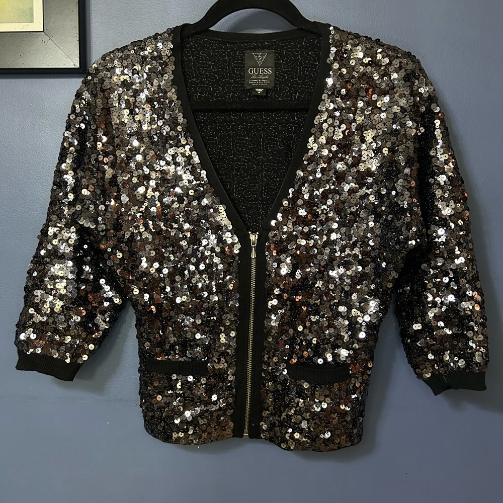 GUESS Women's Black and Silver Sequin Bomber Jacket